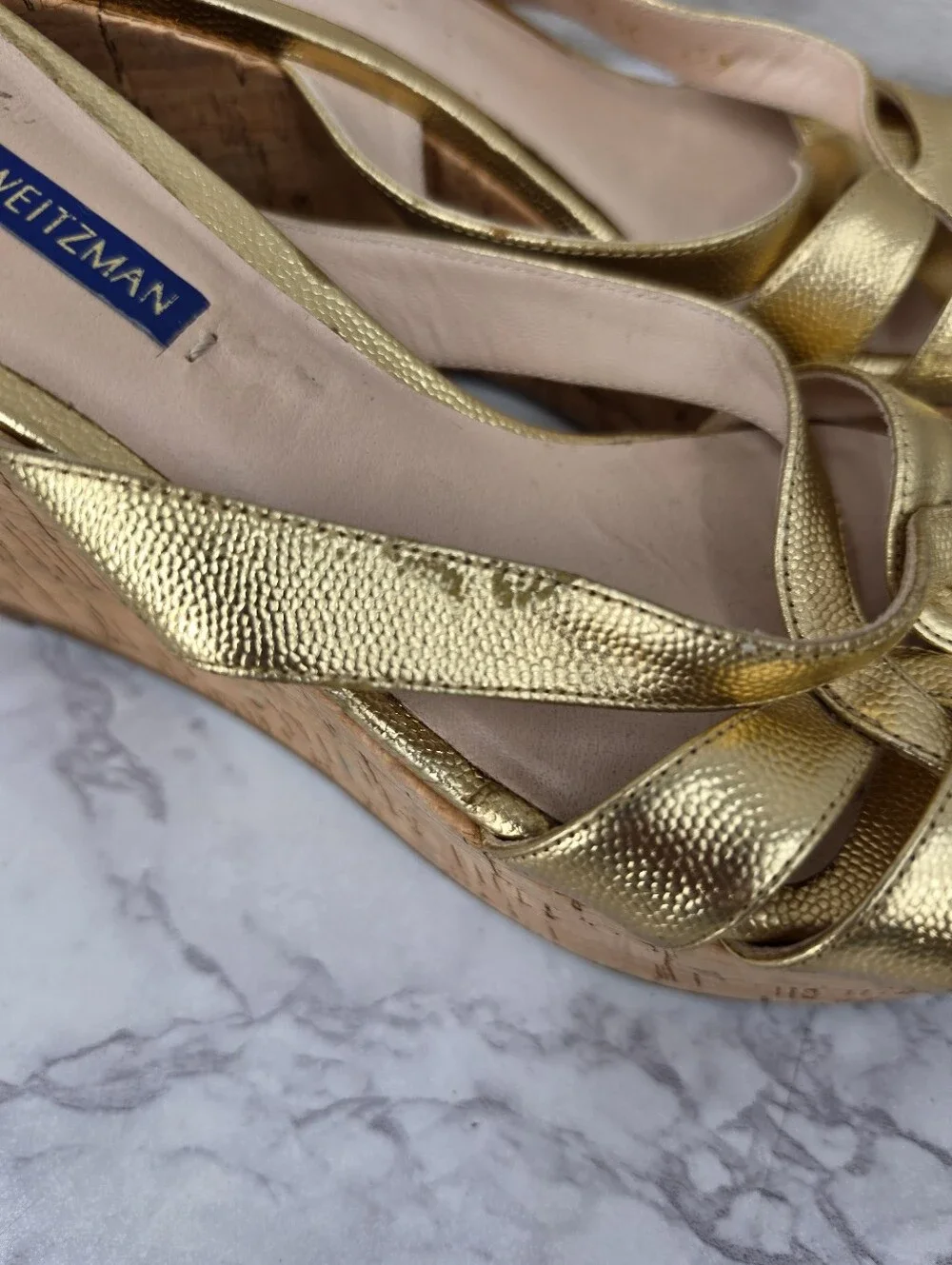 Stuart Weitzman Metallic Gold Leather Straps Cork Wedge Platform Sandals - Picture 2 of 15